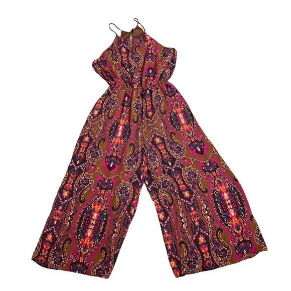 Everly Womens Pants Jumpsuit S Brown‎ Purple Sleeveless Open Back Wide Leg Crop